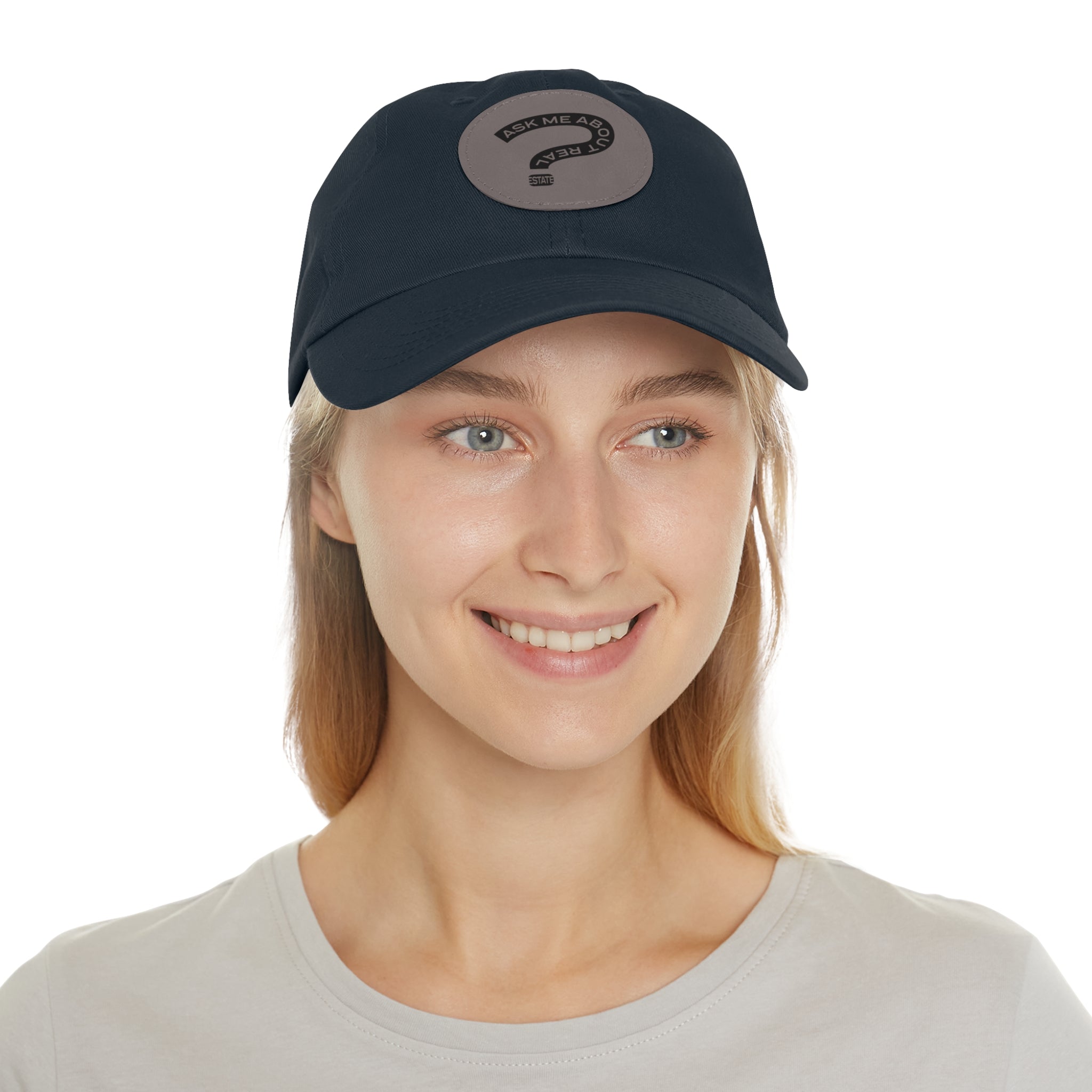 Ask Me About Real Estate Dad Hat with Leather Patch (Round)