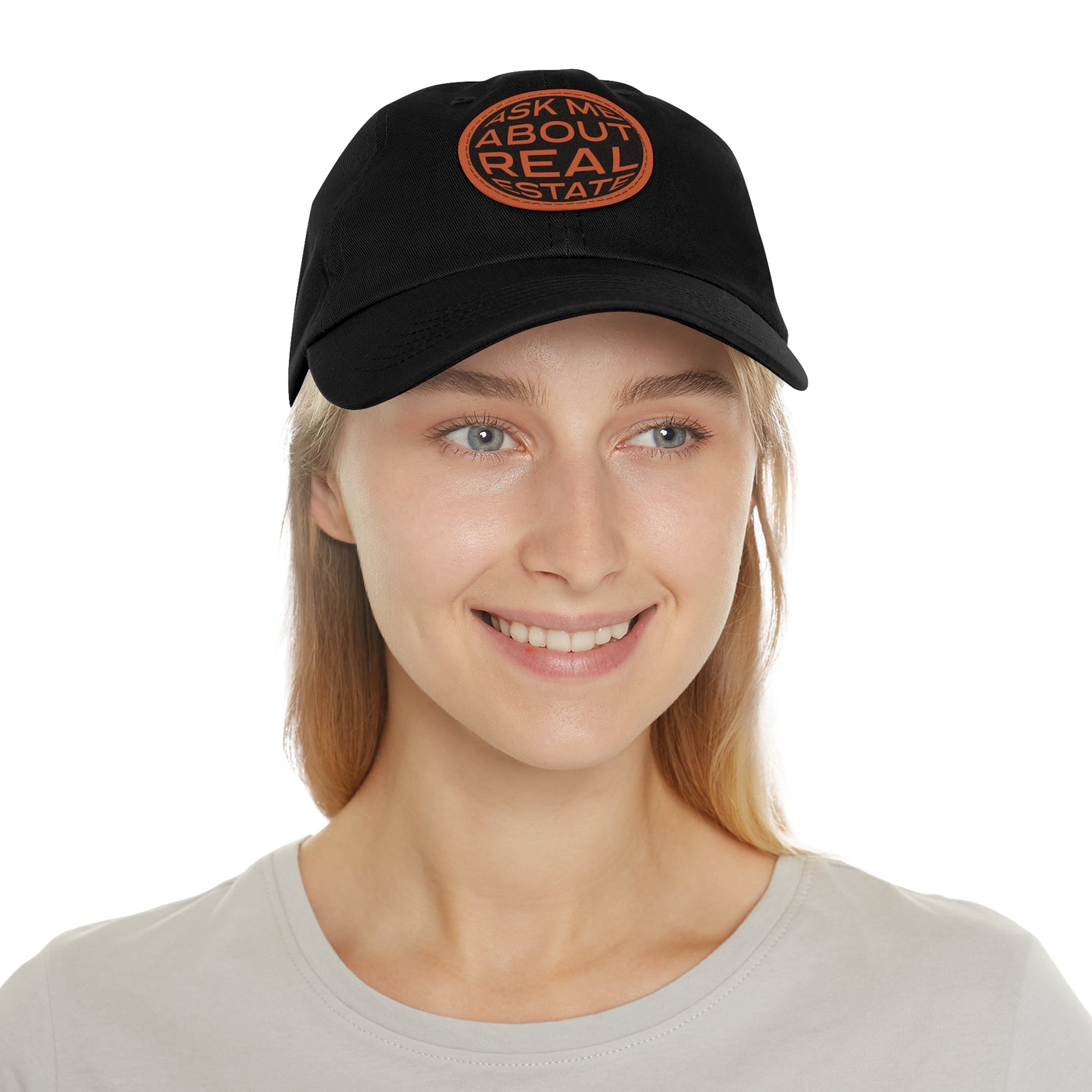 Ask Me About Real Estate Dad Hat with Leather Patch (Round)