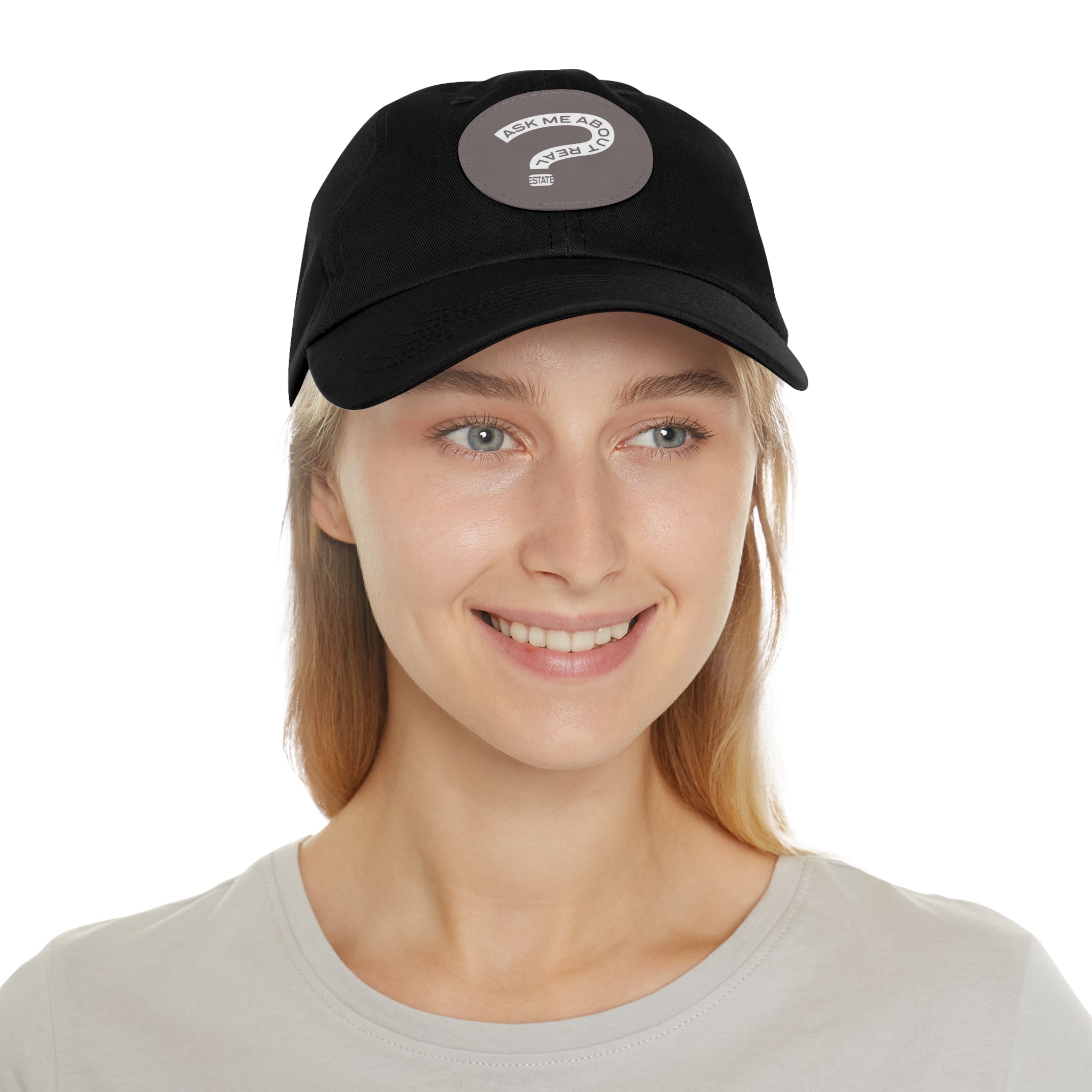 Ask Me About Real Estate Dad Hat with Leather Patch (Round)
