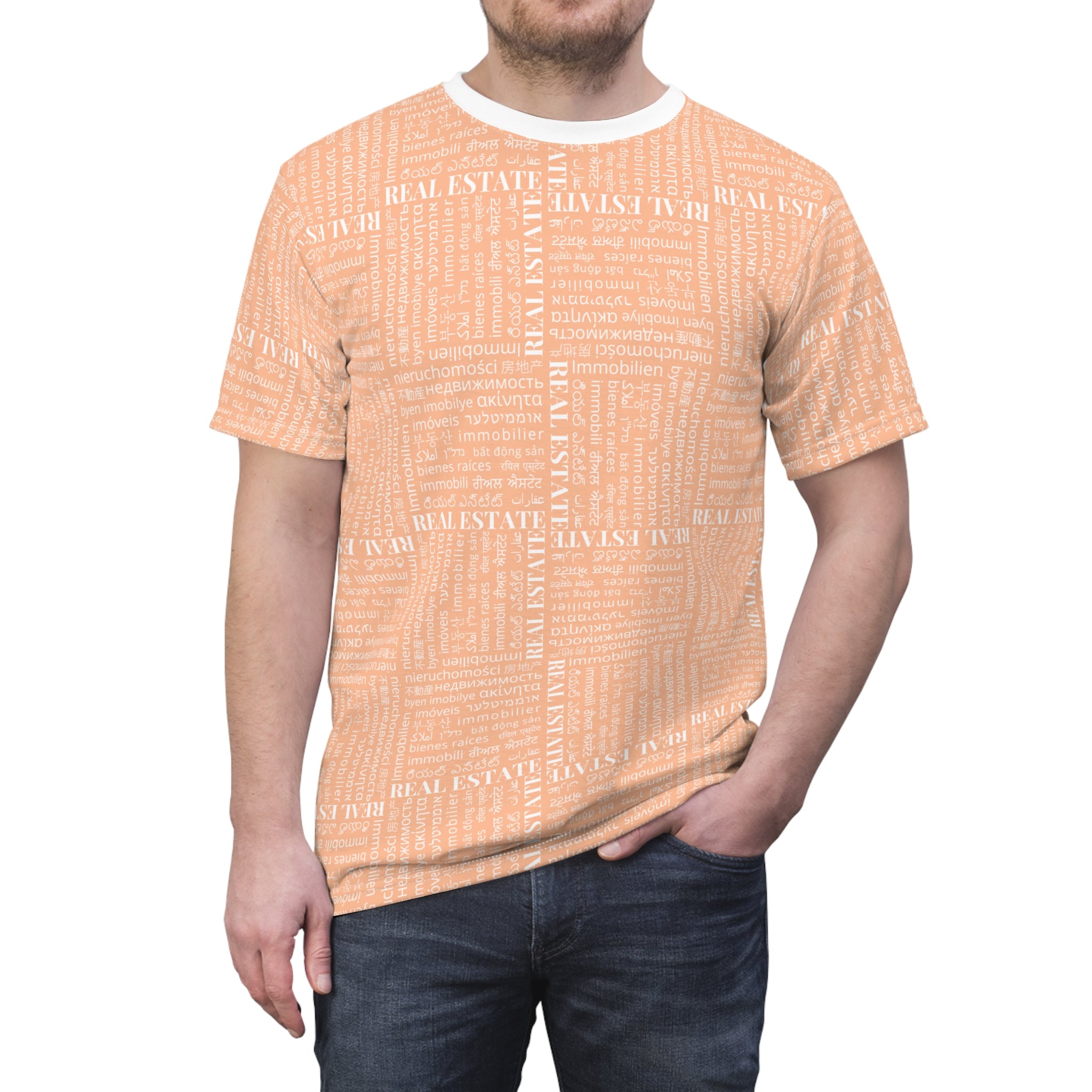The Ultimate Real Estate Shirt! Unisex Cut & Sew Tee (AOP) Peach Fuzz