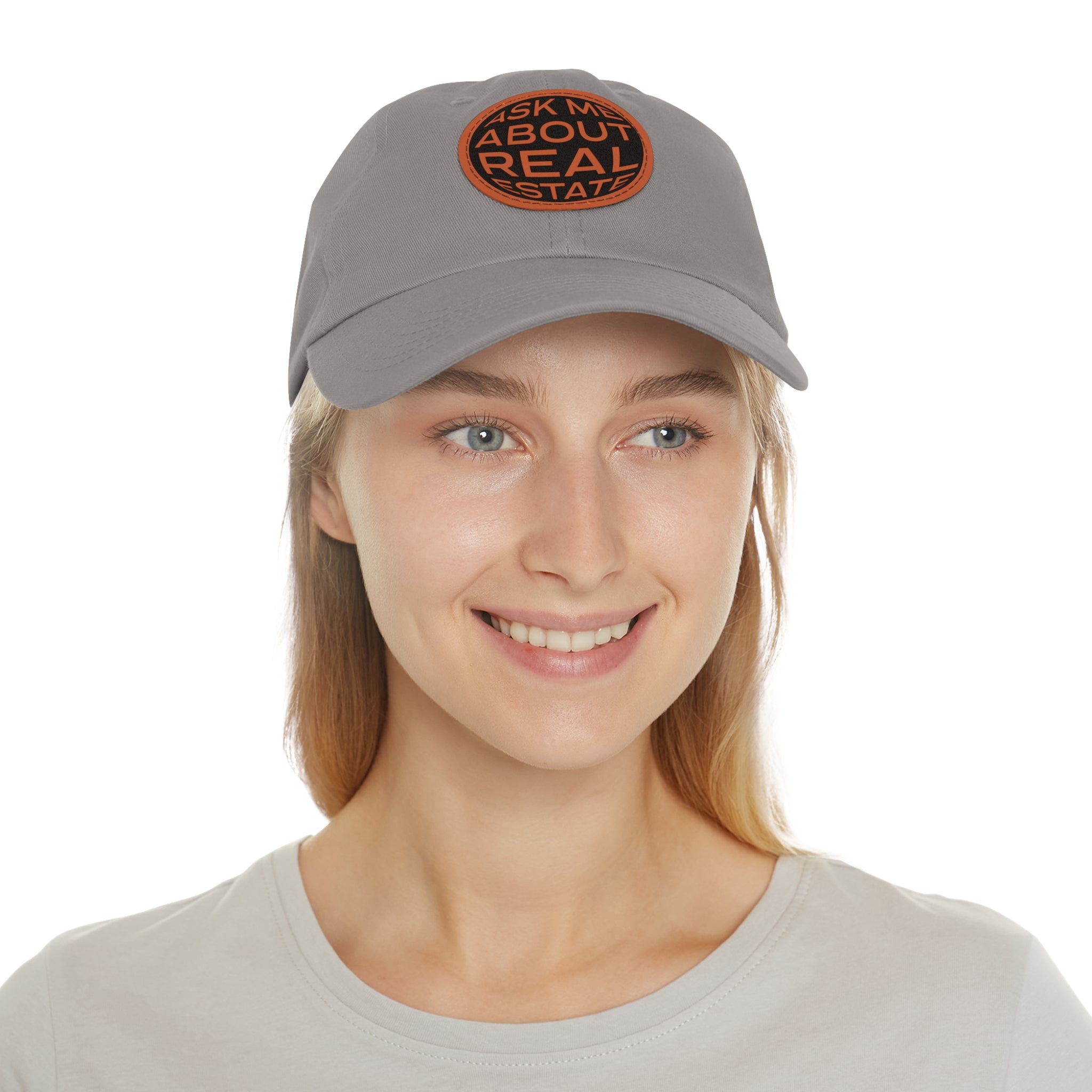 Ask Me About Real Estate Dad Hat with Leather Patch (Round)