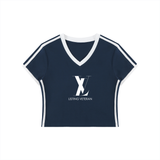Women's Retro Binding V-Neck Crop T-Shirt
